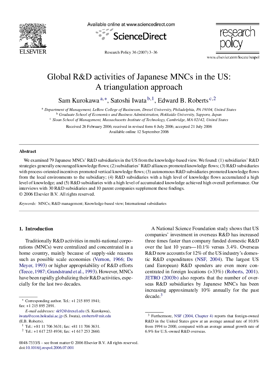 Global R&D activities of Japanese MNCs in the US: A triangulation approach