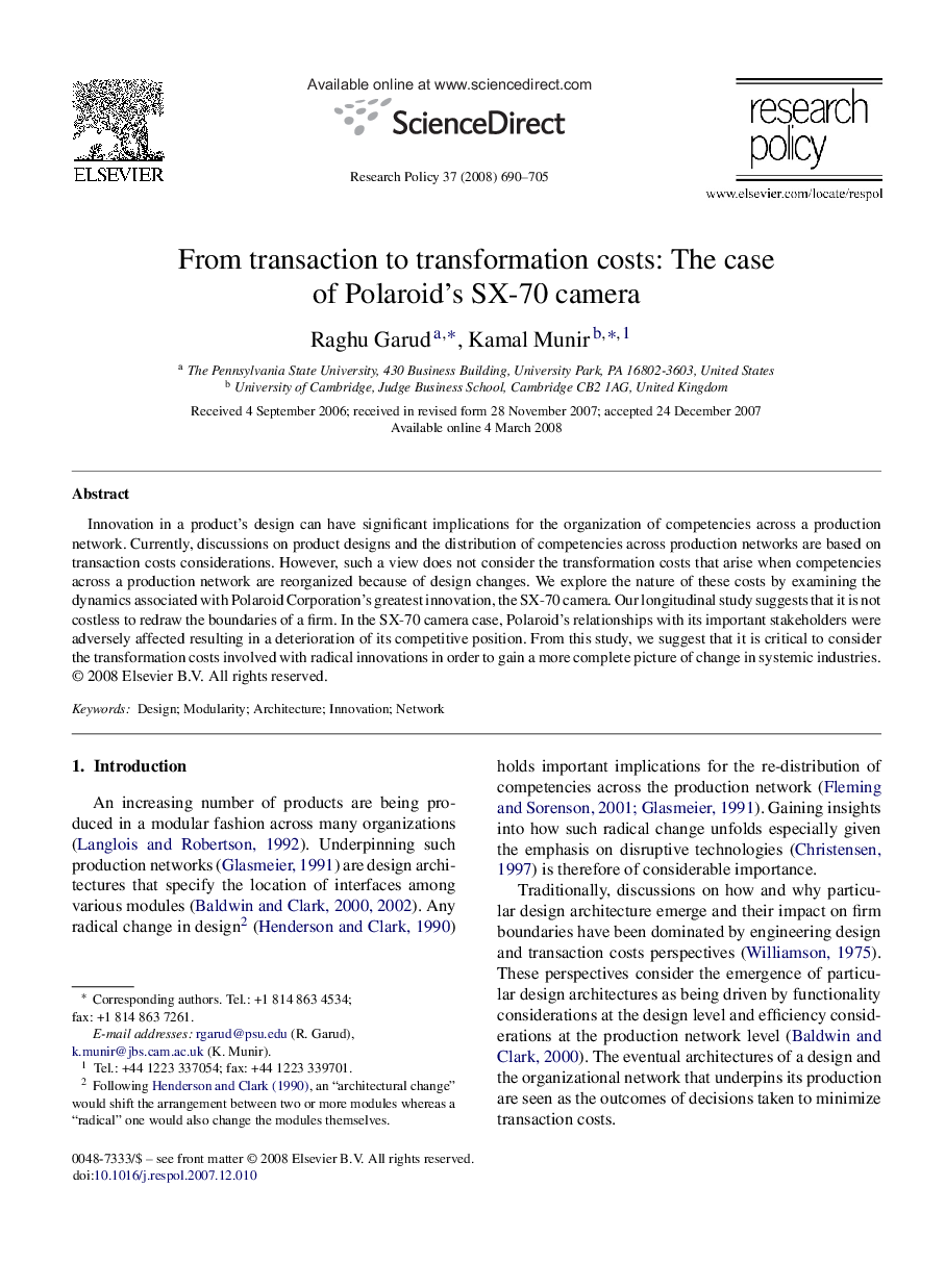 From transaction to transformation costs: The case of Polaroid's SX-70 camera