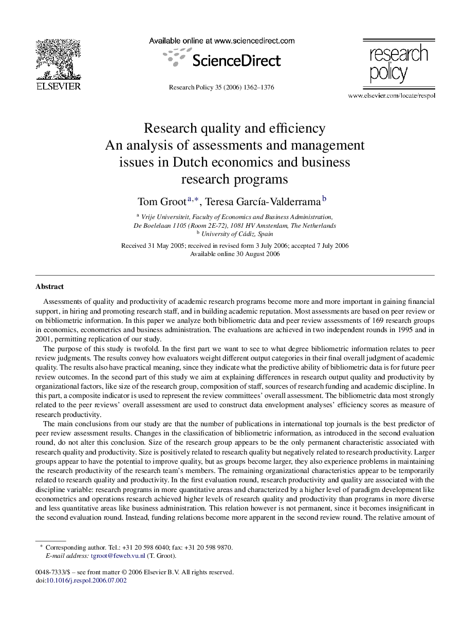 Research quality and efficiency: An analysis of assessments and management issues in Dutch economics and business research programs