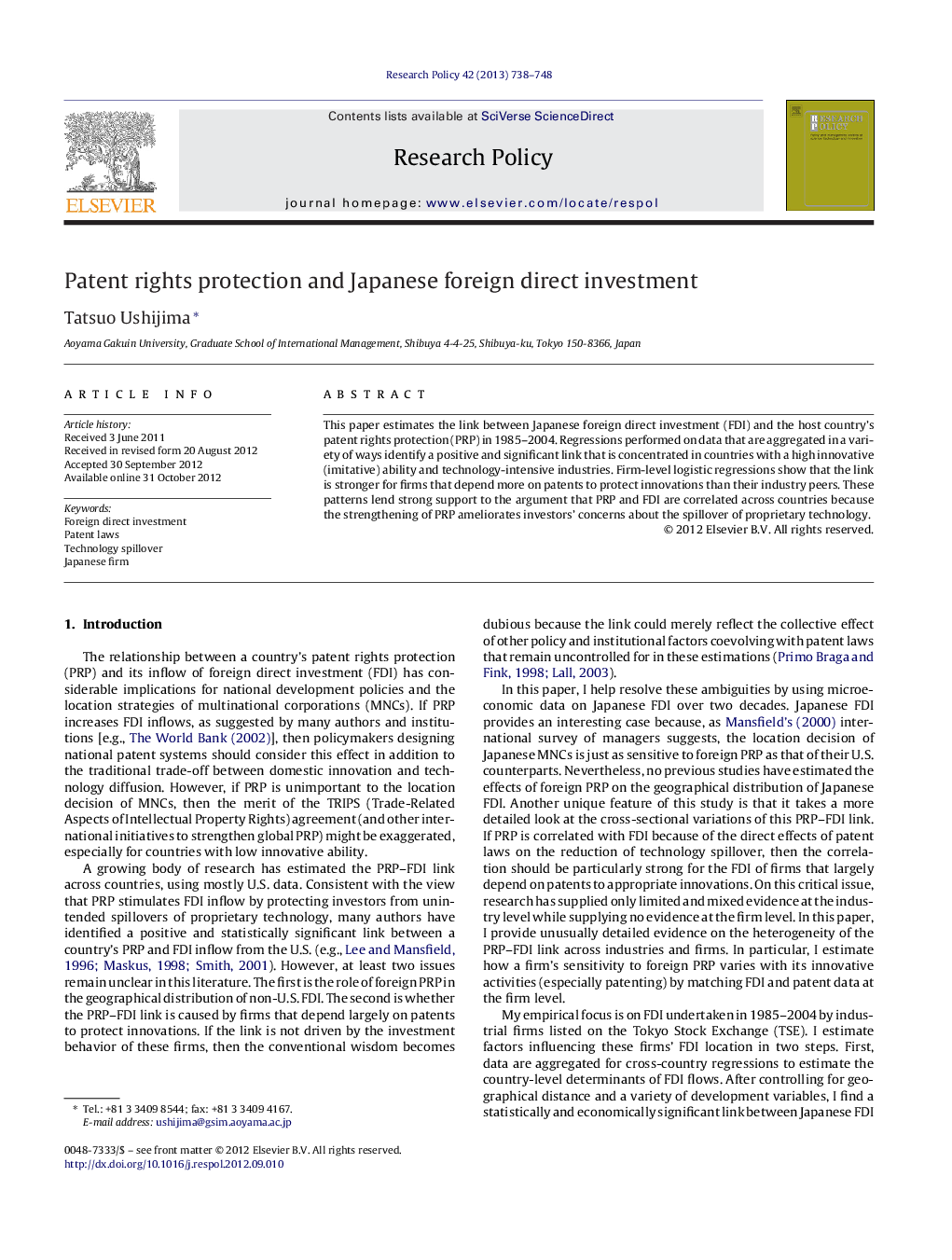 Patent rights protection and Japanese foreign direct investment