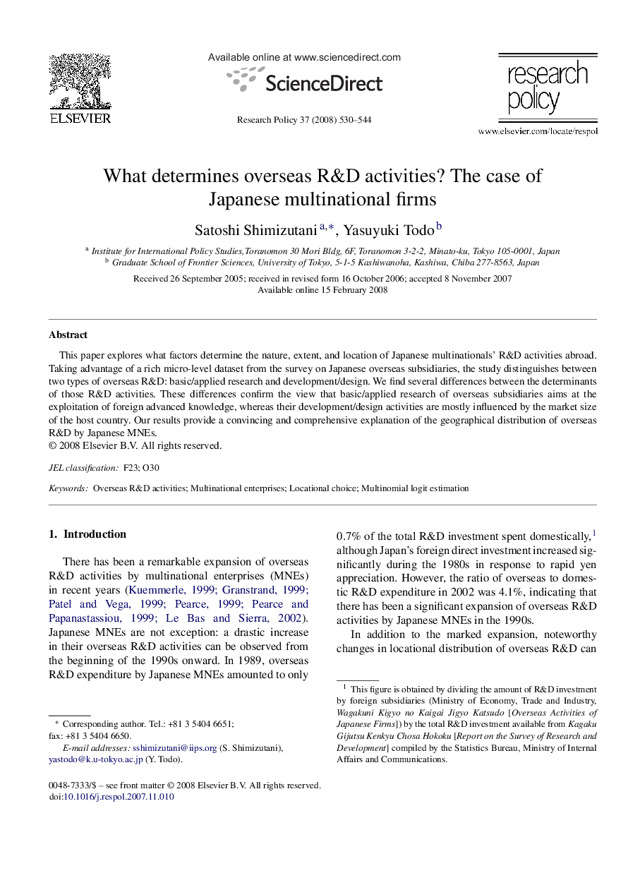 What determines overseas R&D activities? The case of Japanese multinational firms