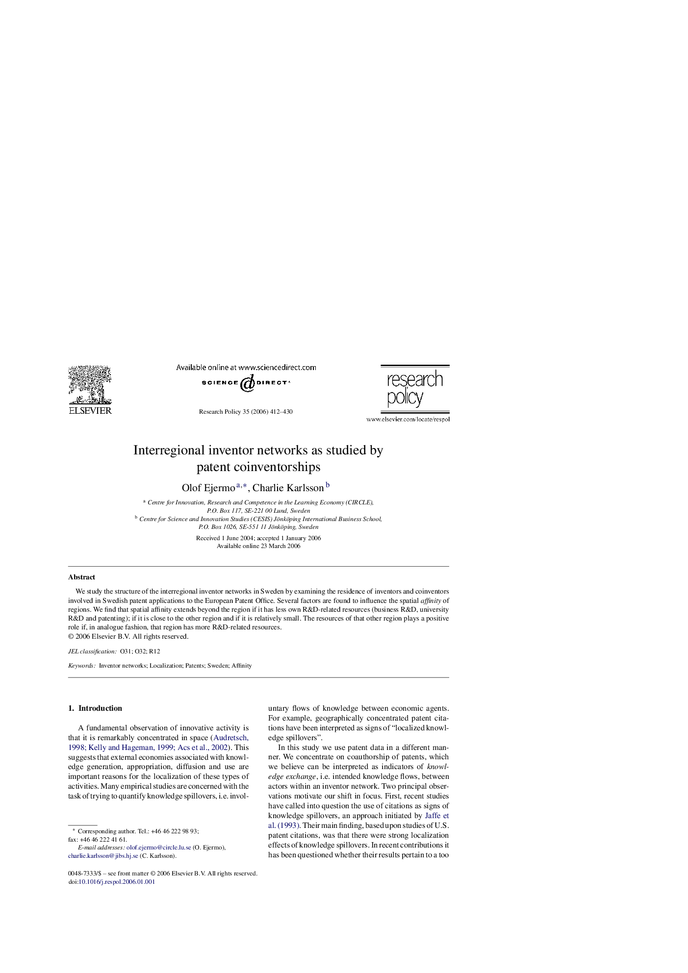 Interregional inventor networks as studied by patent coinventorships