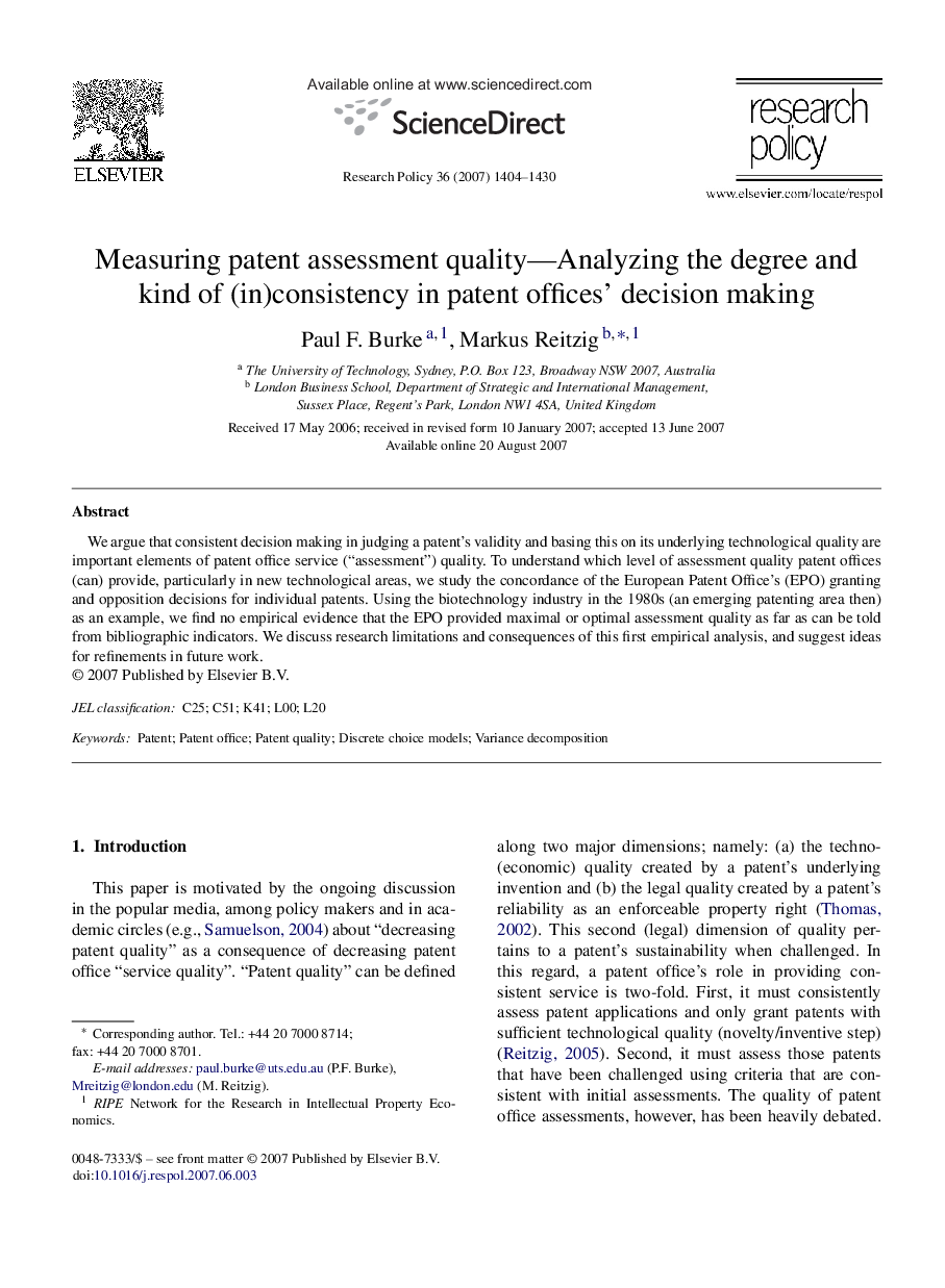 Measuring patent assessment quality—Analyzing the degree and kind of (in)consistency in patent offices’ decision making