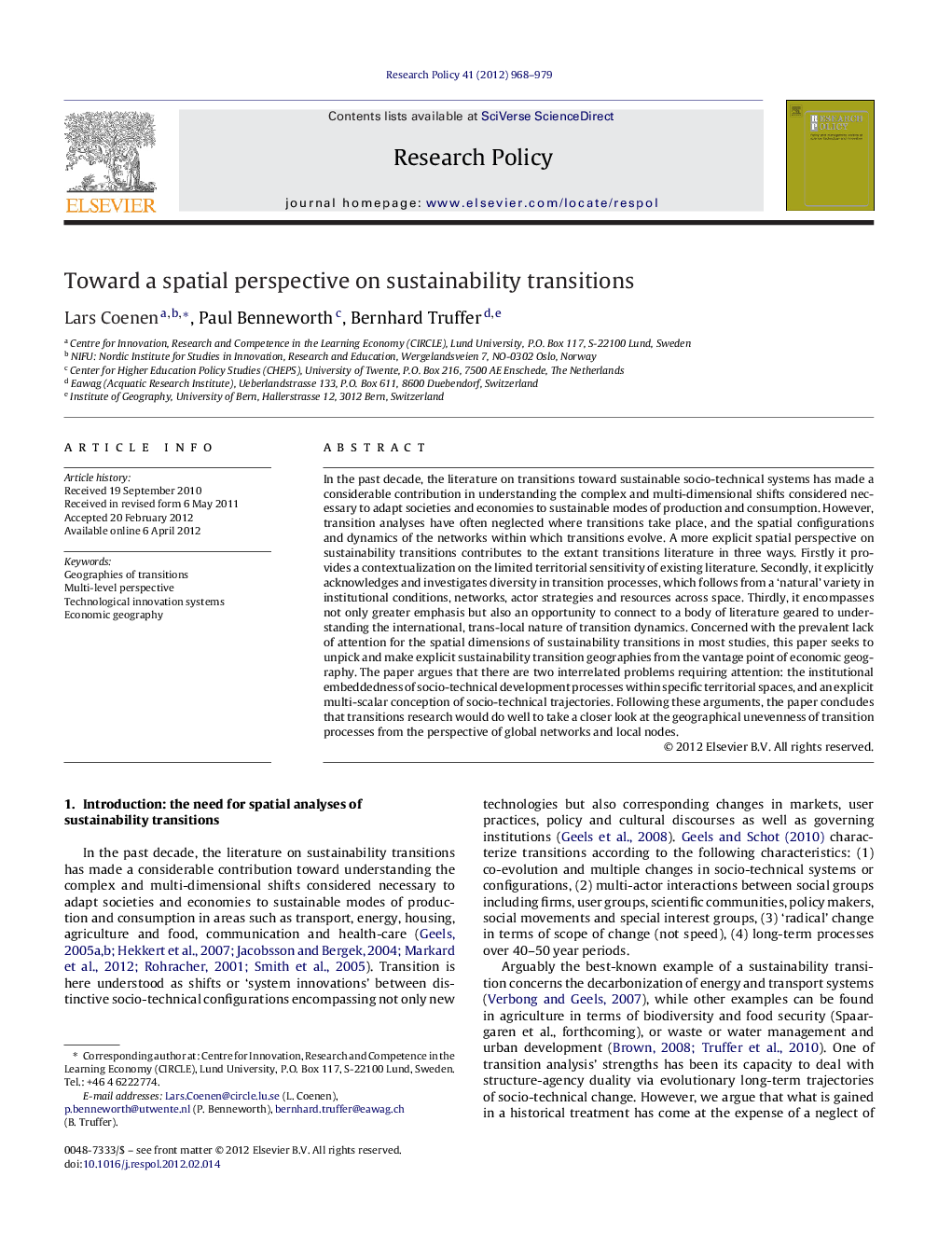 Toward a spatial perspective on sustainability transitions