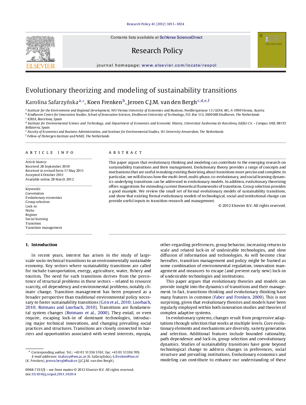 Evolutionary theorizing and modeling of sustainability transitions