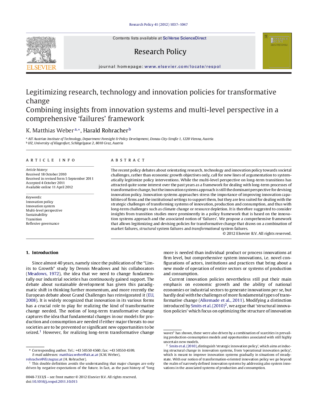 Legitimizing research, technology and innovation policies for transformative change: Combining insights from innovation systems and multi-level perspective in a comprehensive ‘failures’ framework