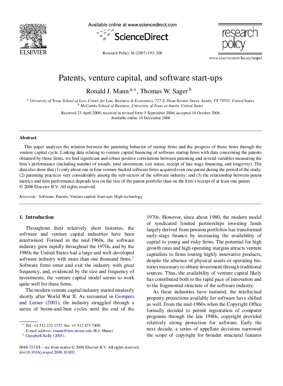 عکس صفحه اول مقاله: Patents, venture capital, and software start-ups Patents, venture capital, and software start-ups