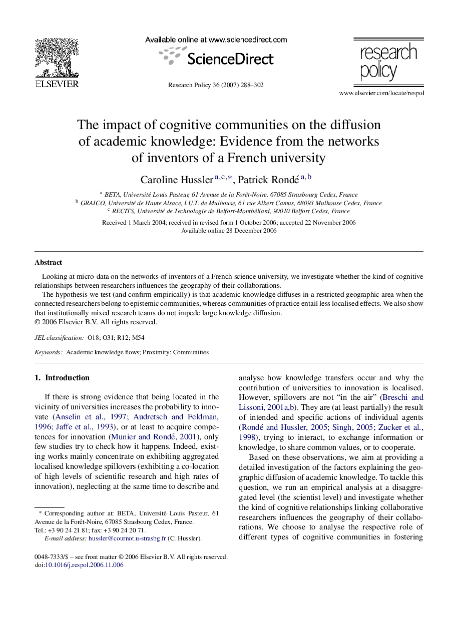 The impact of cognitive communities on the diffusion of academic knowledge: Evidence from the networks of inventors of a French university