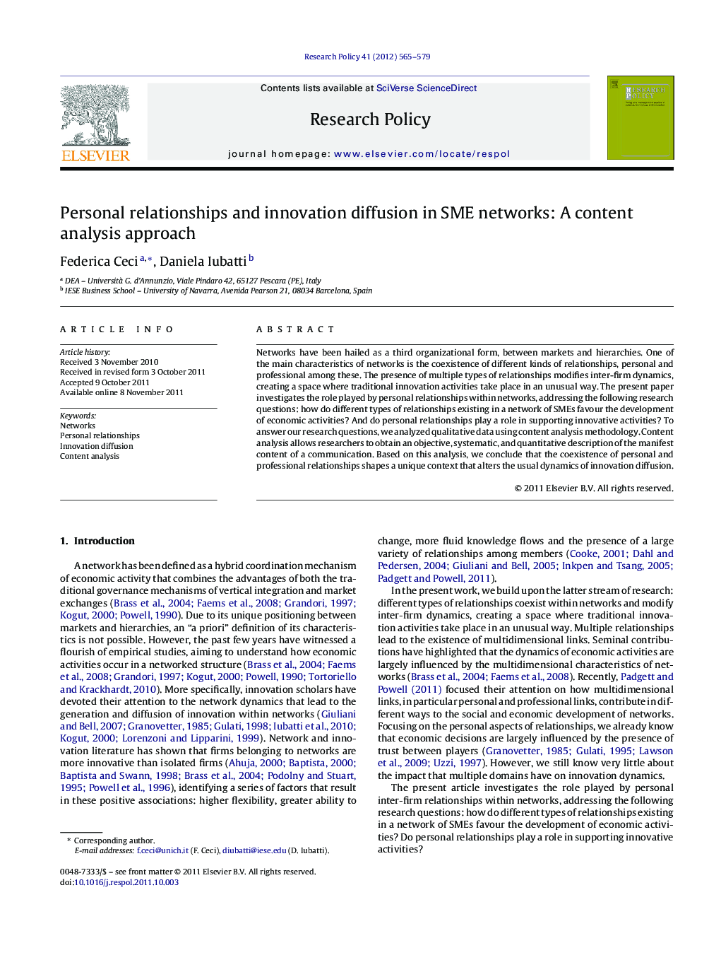 Personal relationships and innovation diffusion in SME networks: A content analysis approach