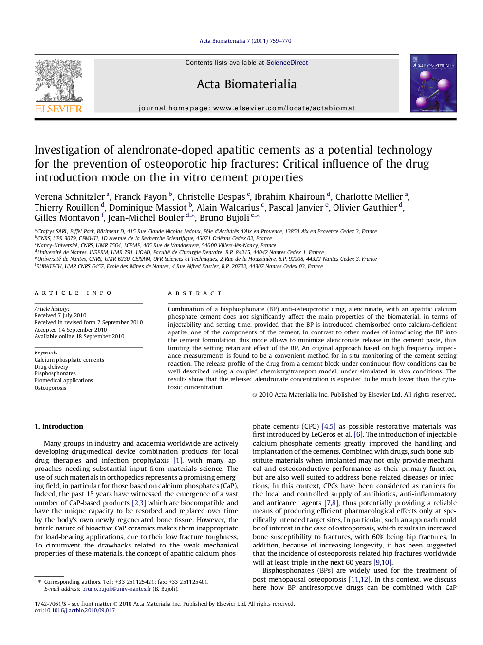 Investigation of alendronate-doped apatitic cements as a potential technology for the prevention of osteoporotic hip fractures: Critical influence of the drug introduction mode on the in vitro cement properties