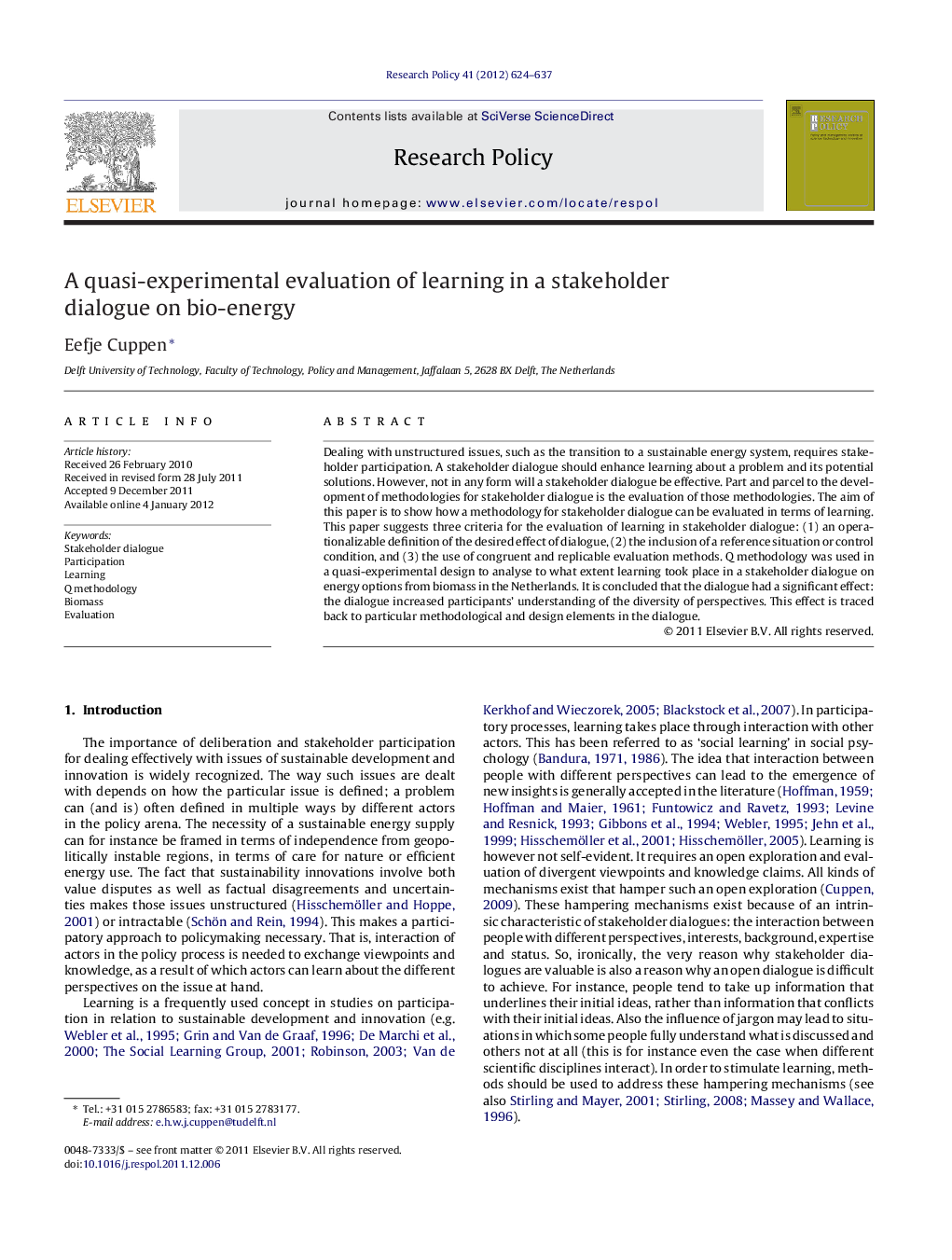 A quasi-experimental evaluation of learning in a stakeholder dialogue on bio-energy