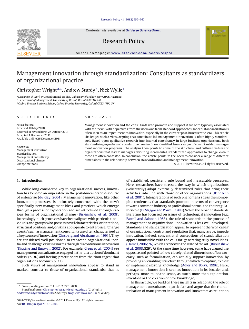 Management innovation through standardization: Consultants as standardizers of organizational practice