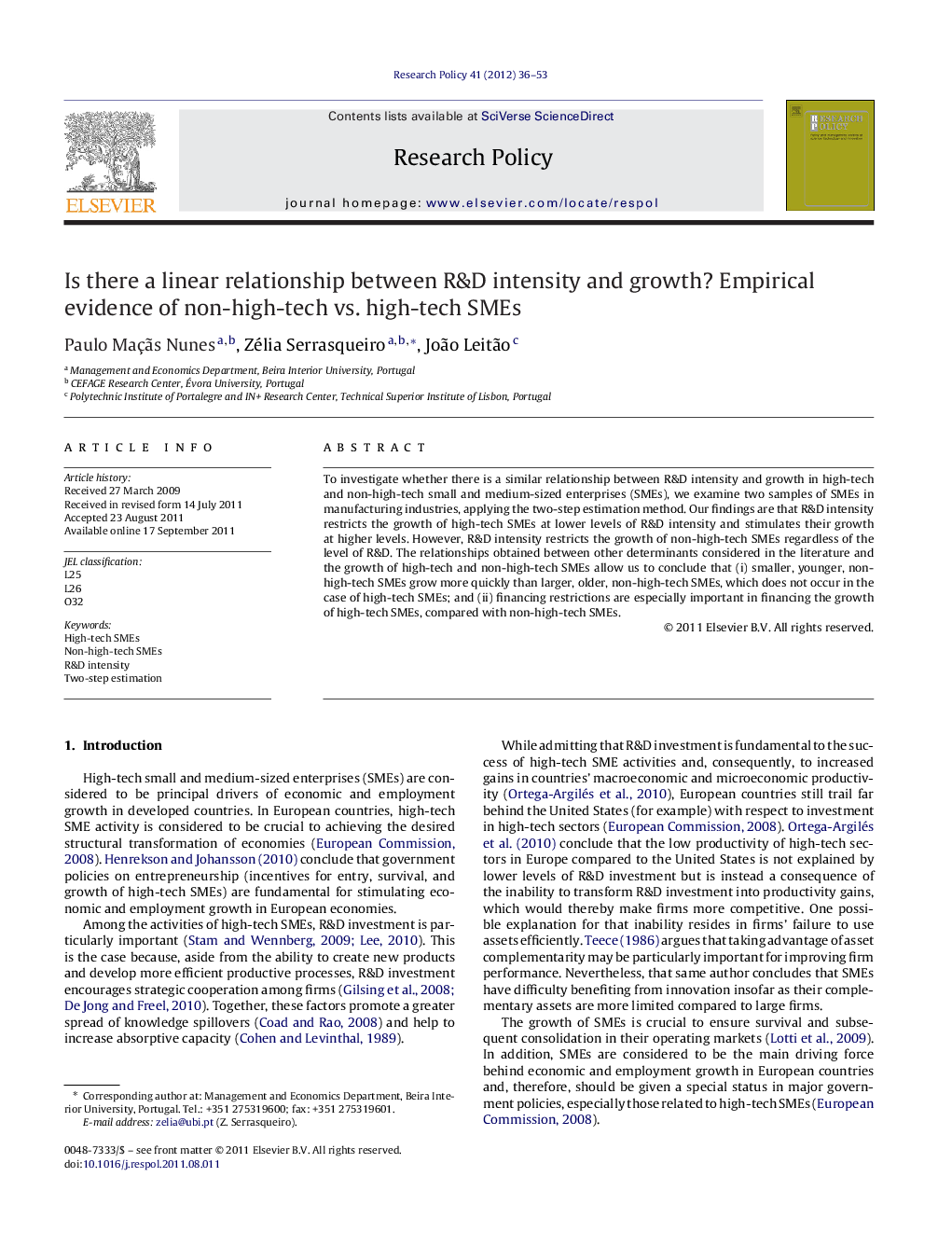 Is there a linear relationship between R&D intensity and growth? Empirical evidence of non-high-tech vs. high-tech SMEs