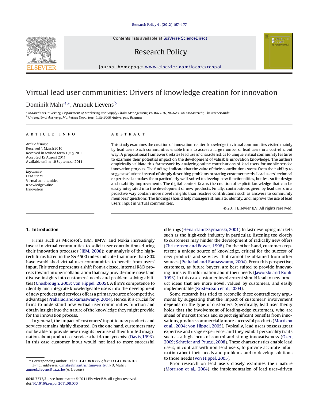 Virtual lead user communities: Drivers of knowledge creation for innovation