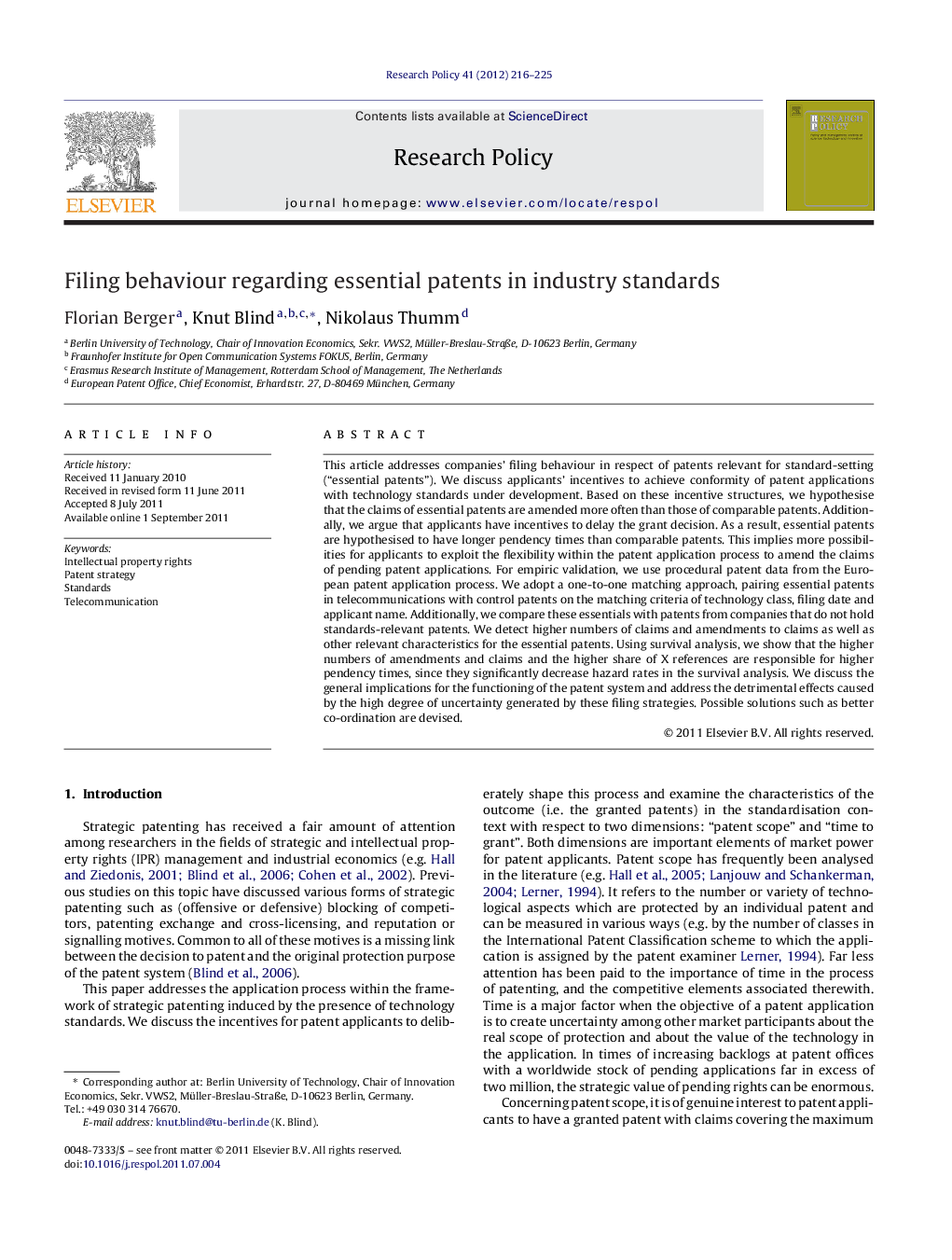 Filing behaviour regarding essential patents in industry standards