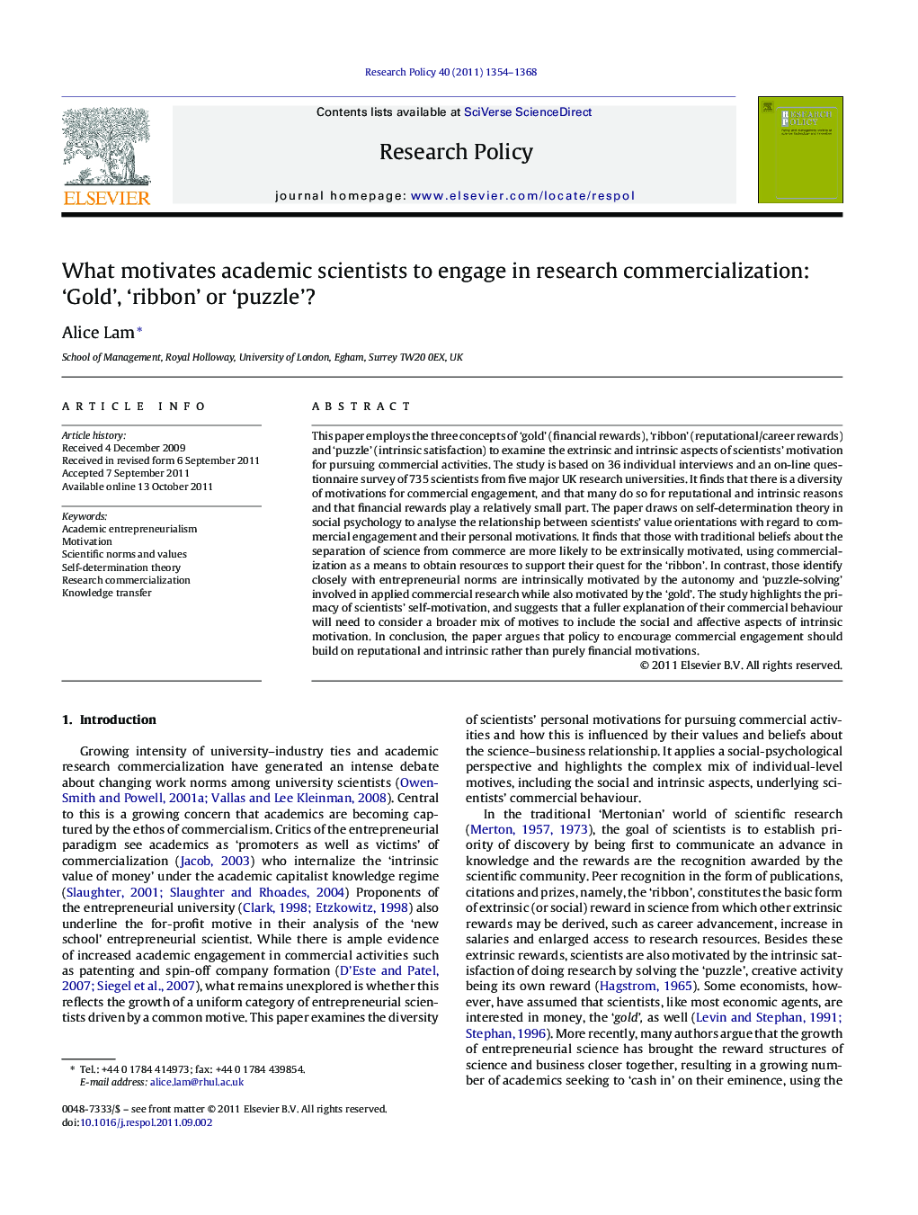 What motivates academic scientists to engage in research commercialization: ‘Gold’, ‘ribbon’ or ‘puzzle’?