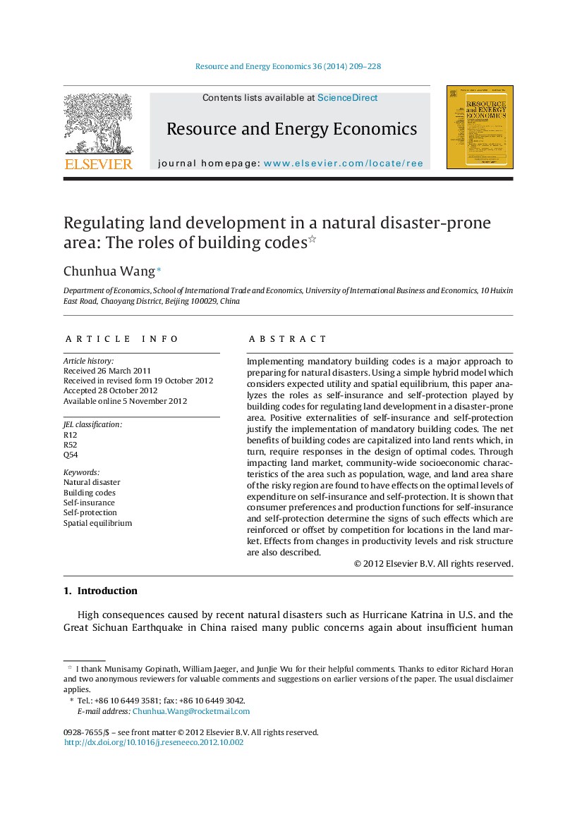 Regulating land development in a natural disaster-prone area: The roles of building codes 