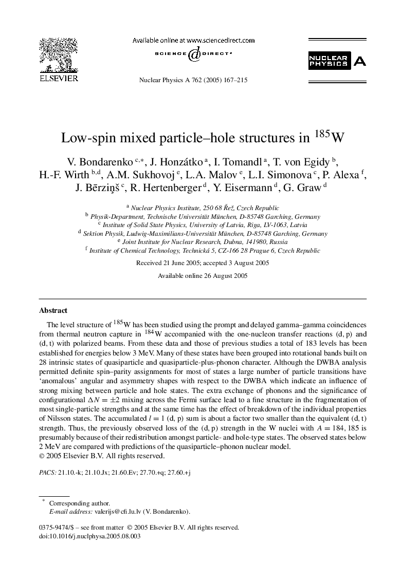 Low-spin mixed particle-hole structures in 185W