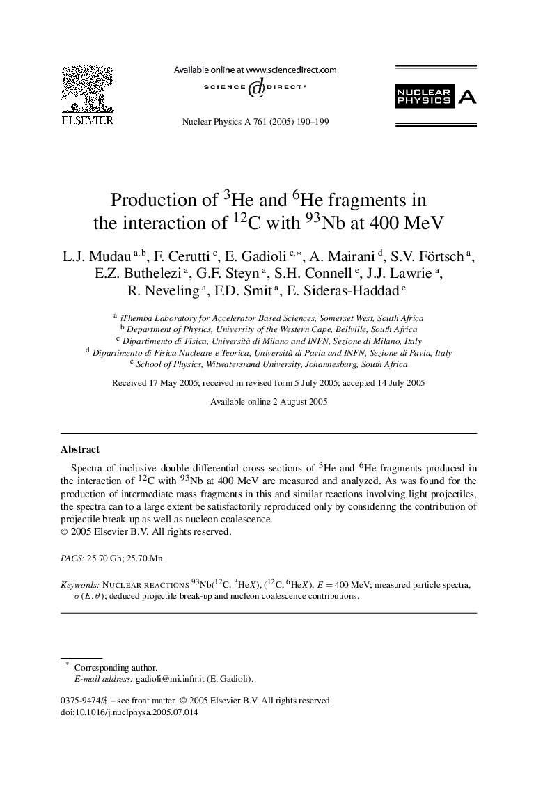 Production of 3He and 6He fragments in the interaction of 12C with 93Nb at 400 MeV