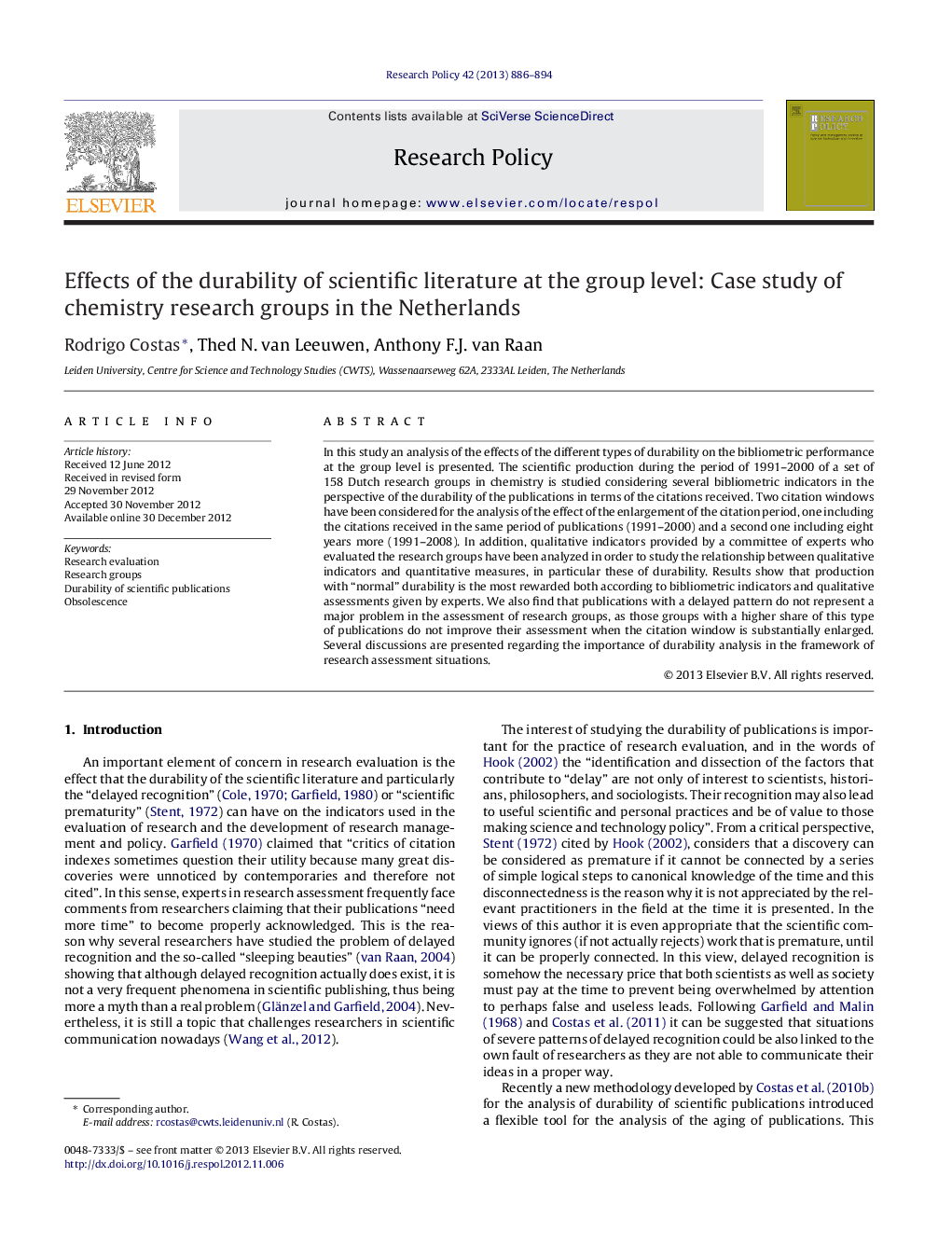 Effects of the durability of scientific literature at the group level: Case study of chemistry research groups in the Netherlands