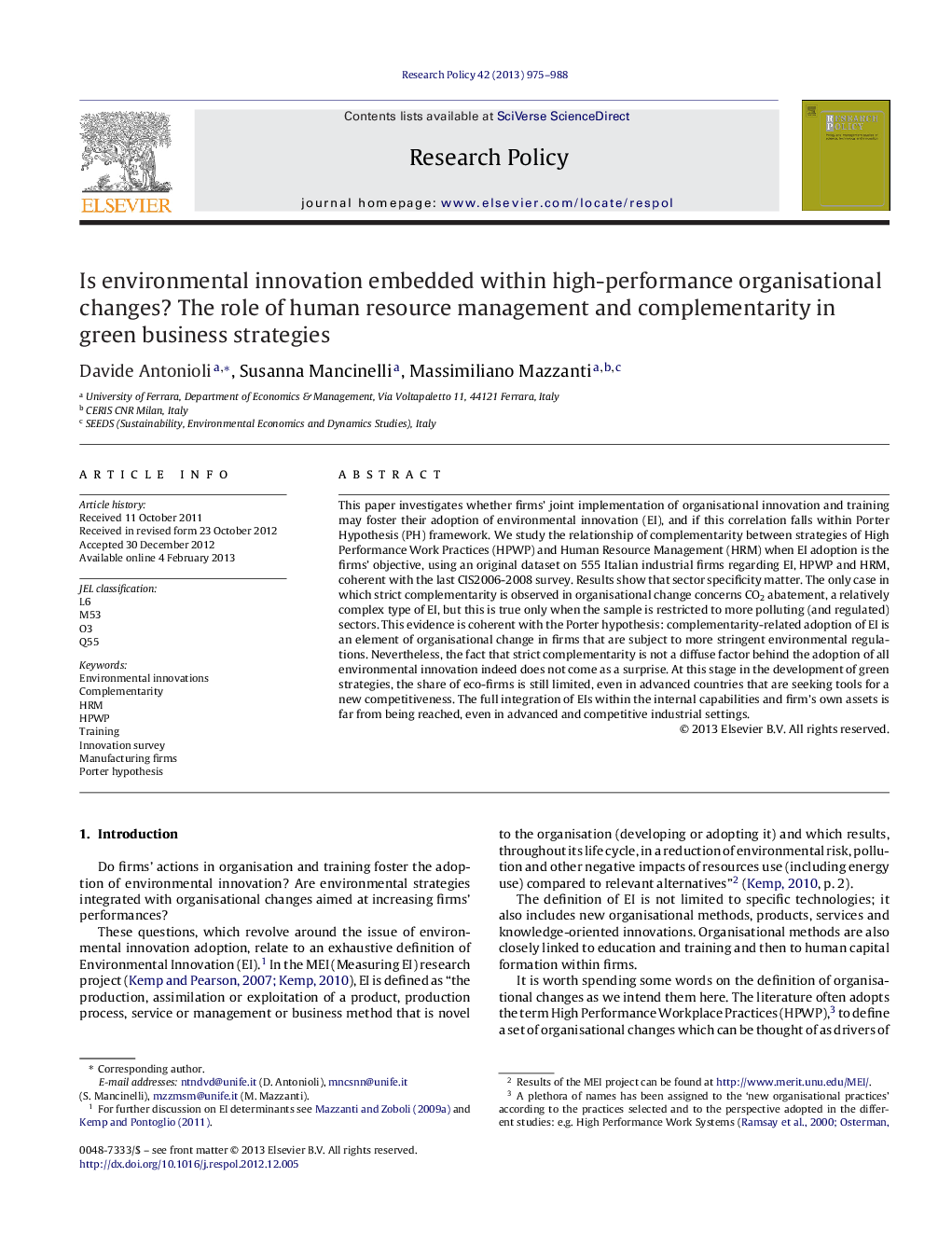 Is environmental innovation embedded within high-performance organisational changes? The role of human resource management and complementarity in green business strategies