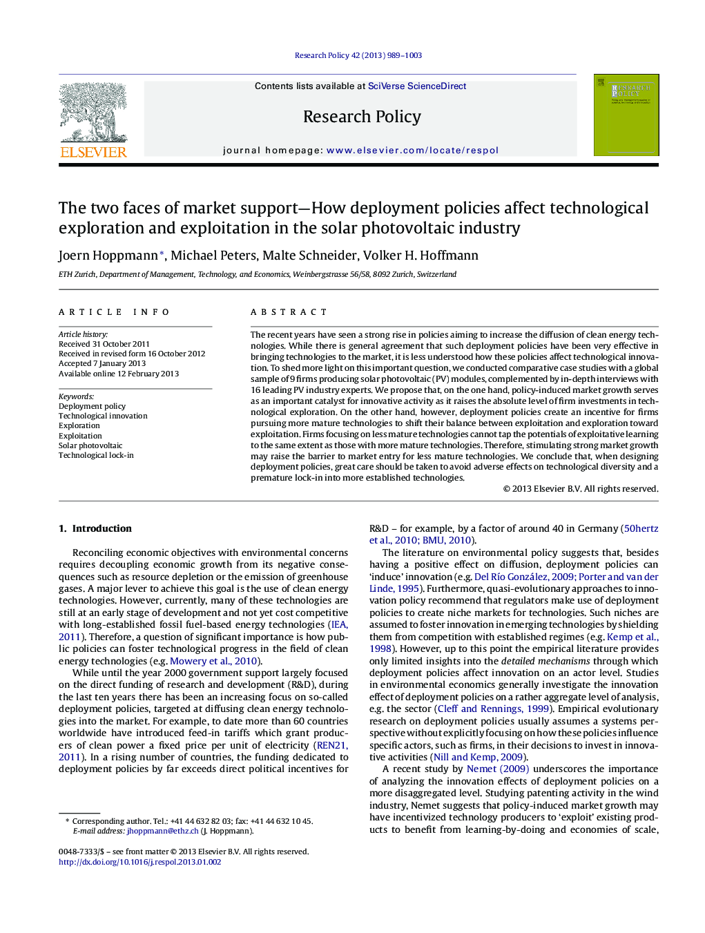 عکس صفحه اول مقاله: The two faces of market support—How deployment policies affect technological exploration and exploitation in the solar photovoltaic industry The two faces of market support—How deployment policies affect technological exploration and exploitation in the solar photovoltaic industry