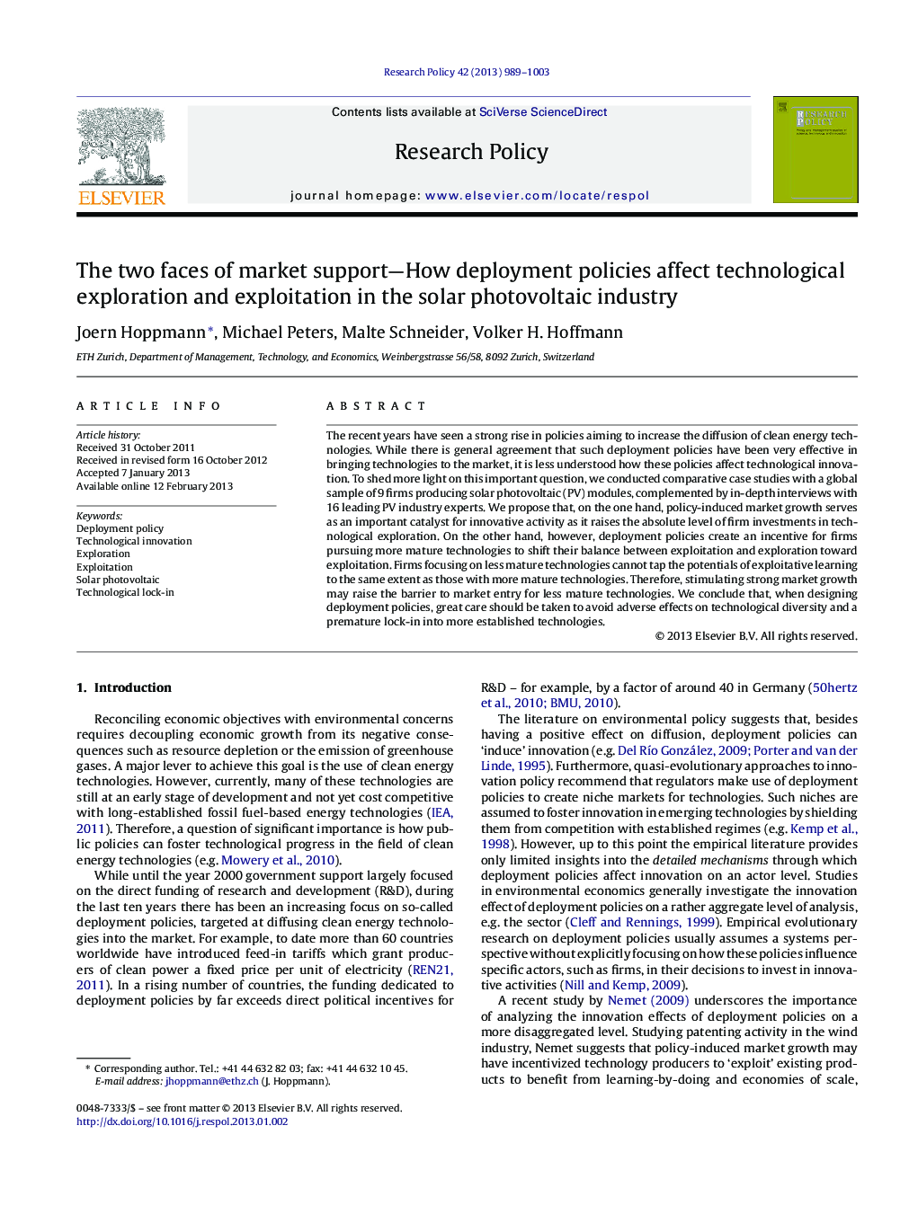 The two faces of market support—How deployment policies affect technological exploration and exploitation in the solar photovoltaic industry