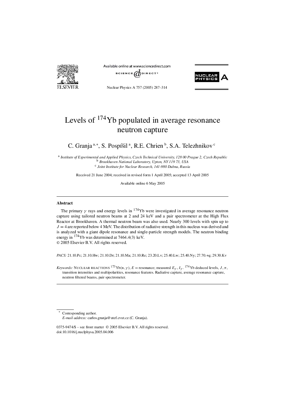 Levels of Yb174 populated in average resonance neutron capture