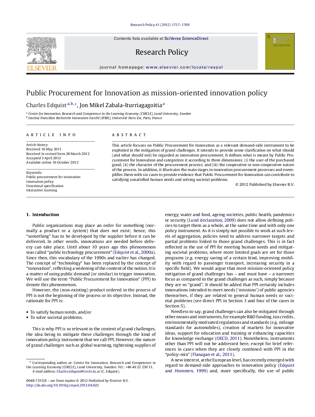 عکس صفحه اول مقاله: Public Procurement for Innovation as mission-oriented innovation policy Public Procurement for Innovation as mission-oriented innovation policy