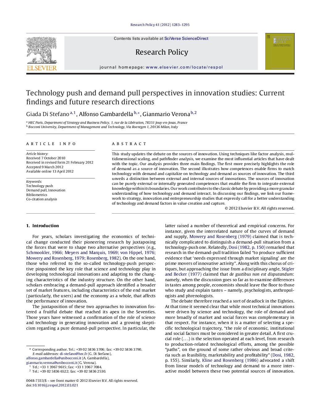 Technology push and demand pull perspectives in innovation studies: Current findings and future research directions