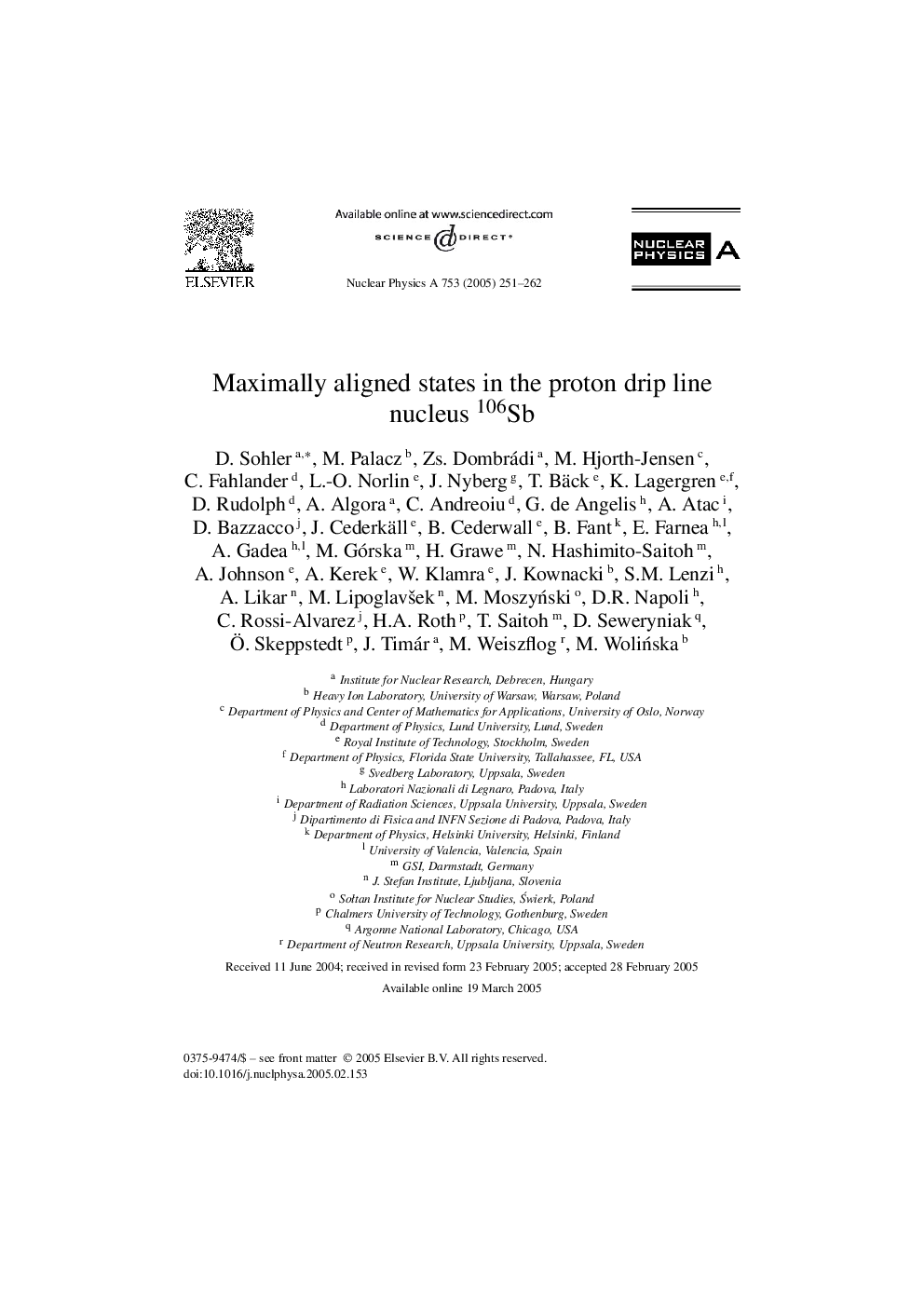 Maximally aligned states in the proton drip line nucleus 106Sb