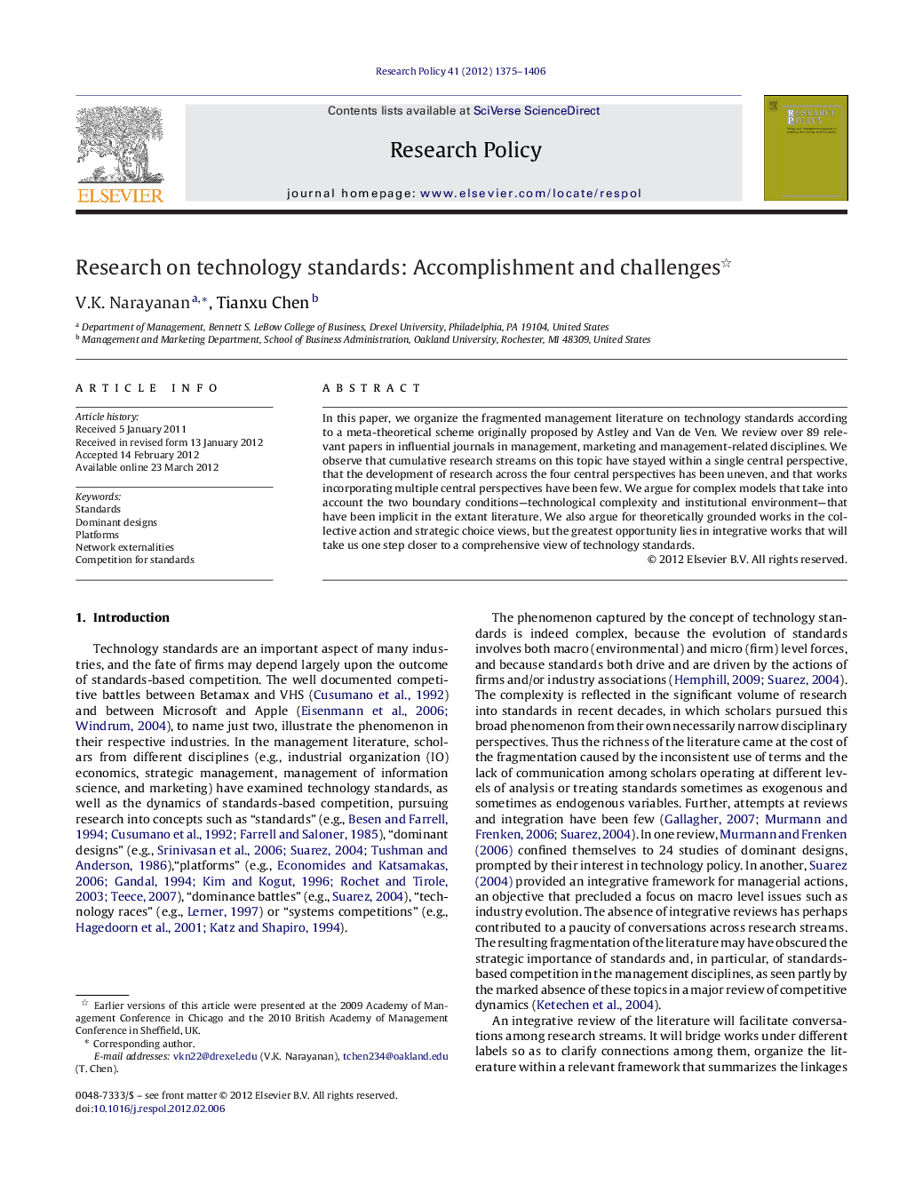 Research on technology standards: Accomplishment and challenges 