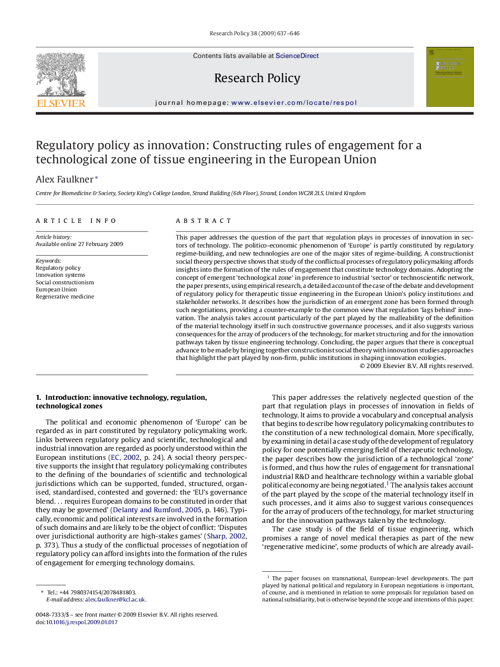 Regulatory policy as innovation: Constructing rules of engagement for a technological zone of tissue engineering in the European Union