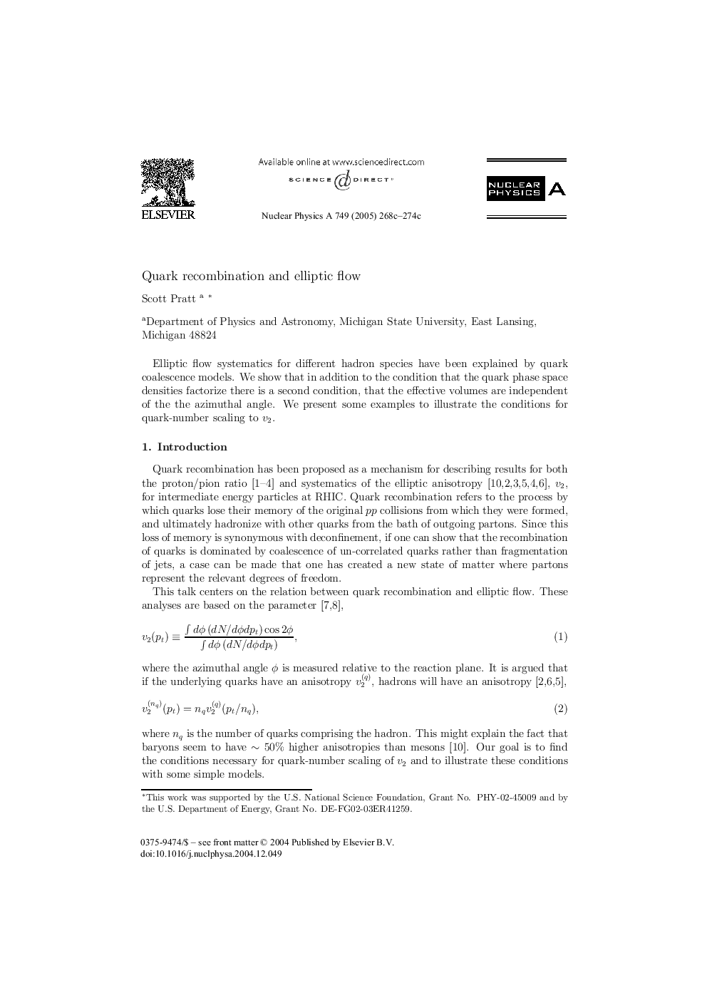 Quark recombination and elliptic flow