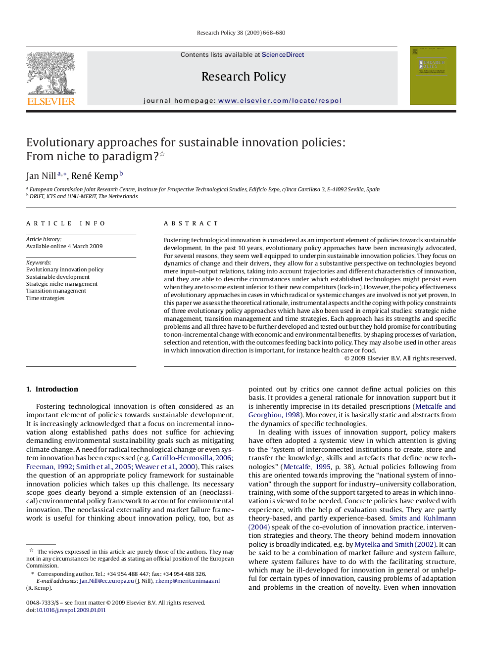 Evolutionary approaches for sustainable innovation policies: From niche to paradigm? 