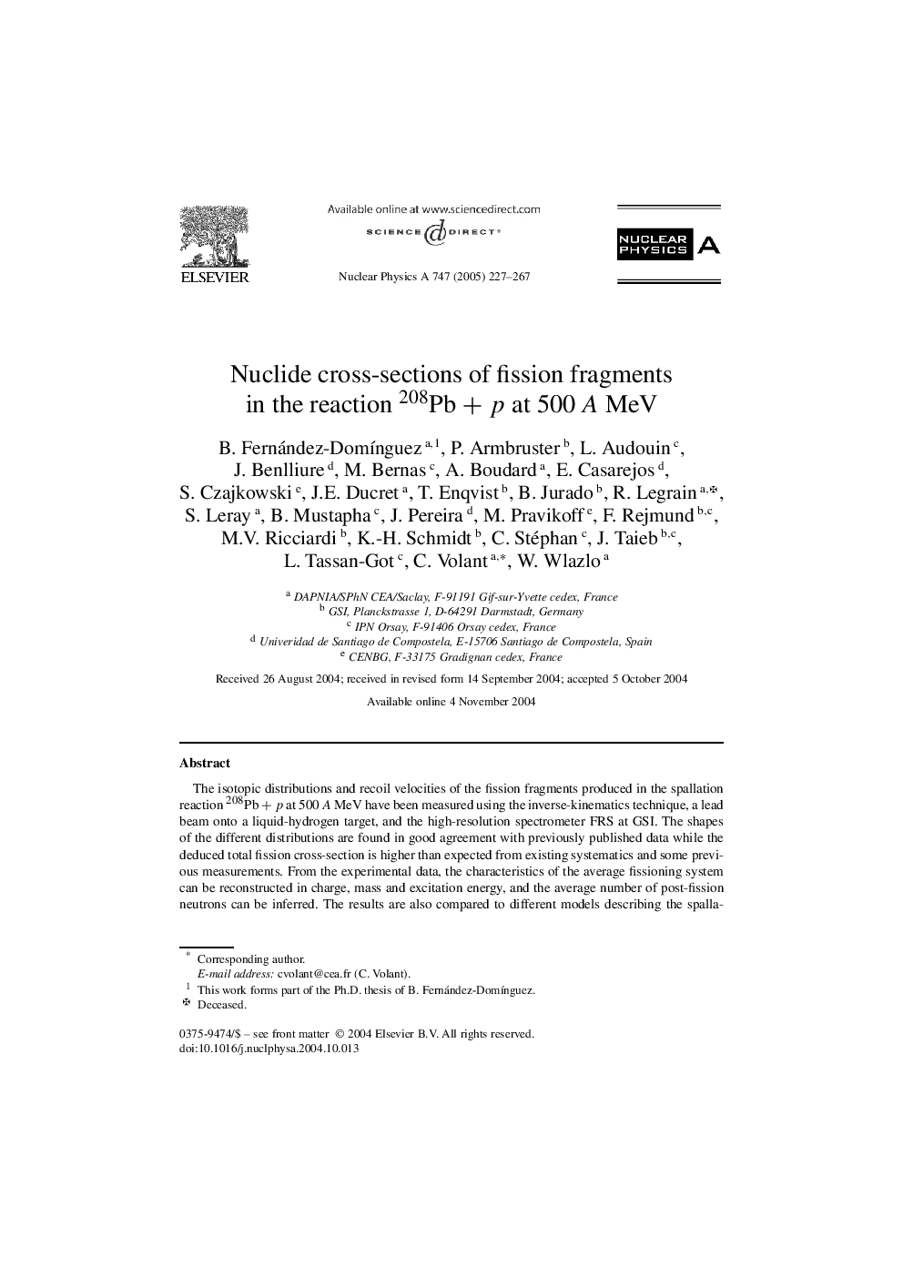 Nuclide cross-sections of fission fragments in the reaction 208Pb + p at 500âA MeV