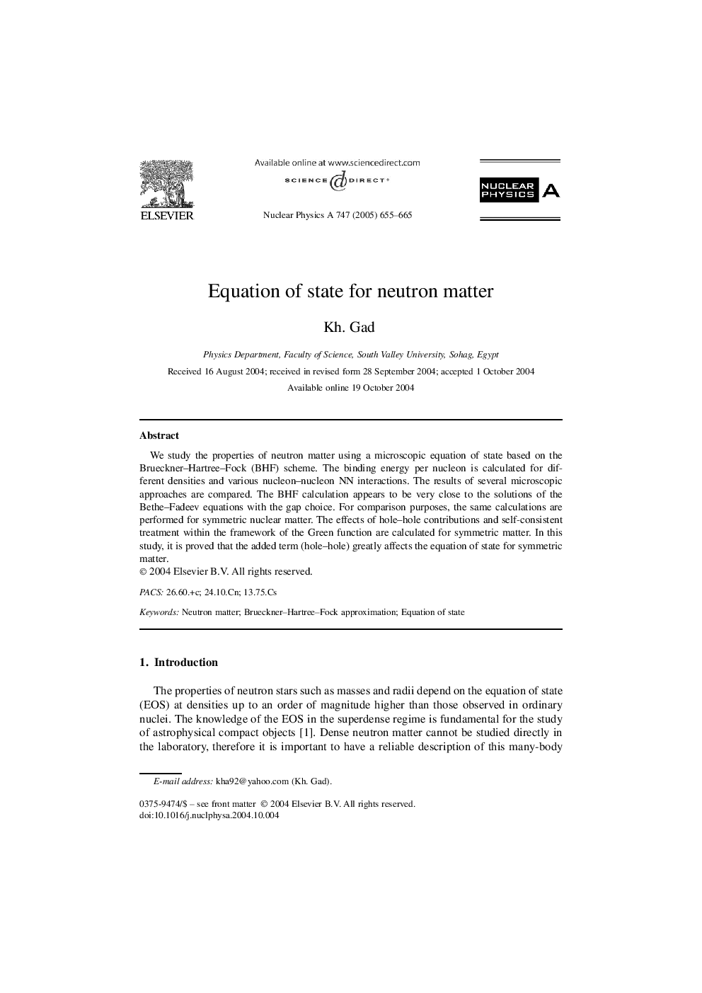 Equation of state for neutron matter