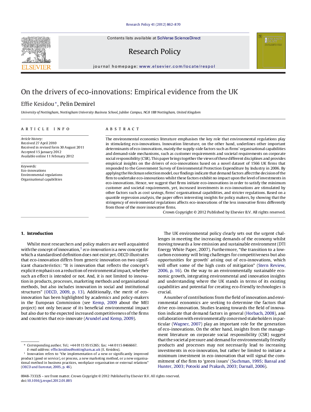 On the drivers of eco-innovations: Empirical evidence from the UK