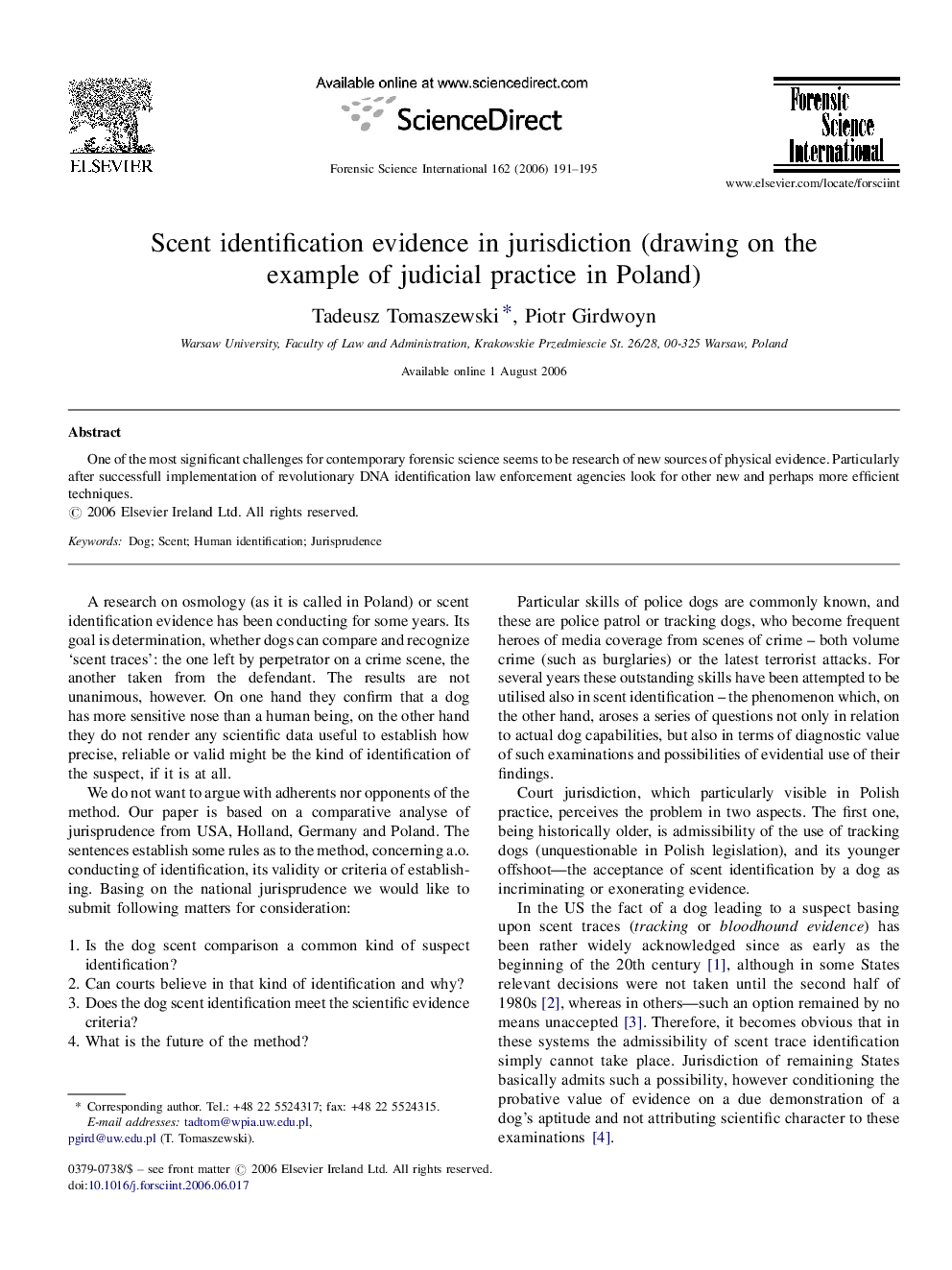 Scent identification evidence in jurisdiction (drawing on the example of judicial practice in Poland)