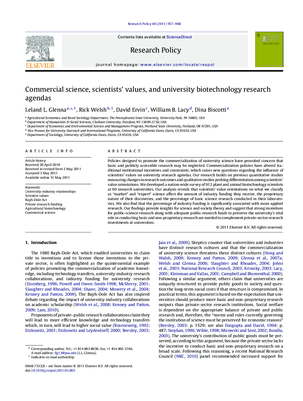 Commercial science, scientists’ values, and university biotechnology research agendas