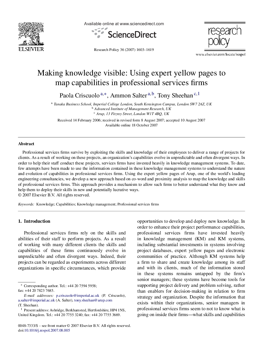 Making knowledge visible: Using expert yellow pages to map capabilities in professional services firms