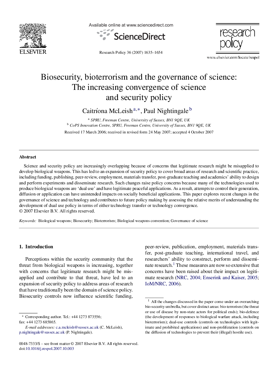 Biosecurity, bioterrorism and the governance of science: The increasing convergence of science and security policy