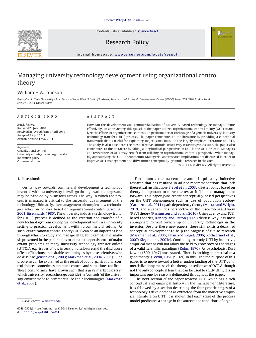 Managing university technology development using organizational control theory