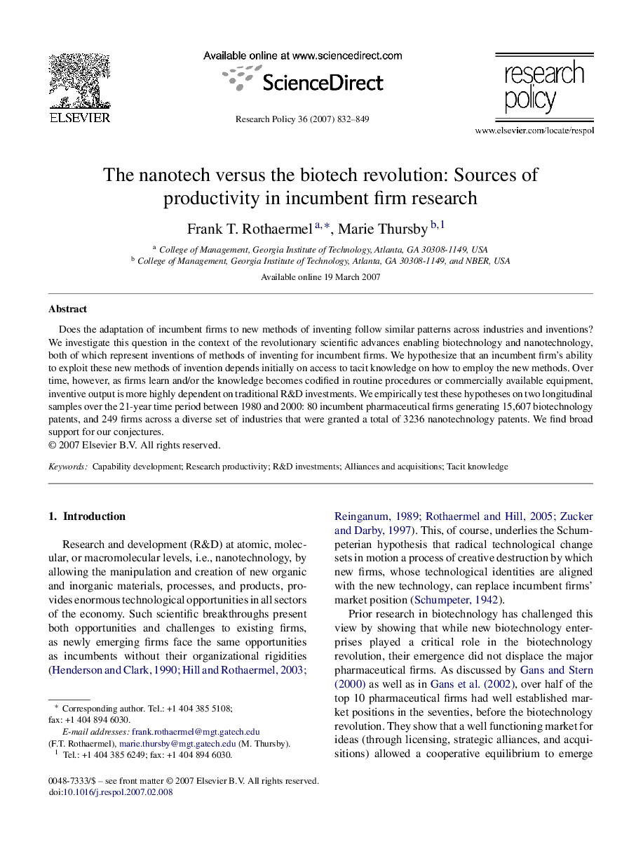 The nanotech versus the biotech revolution: Sources of productivity in incumbent firm research