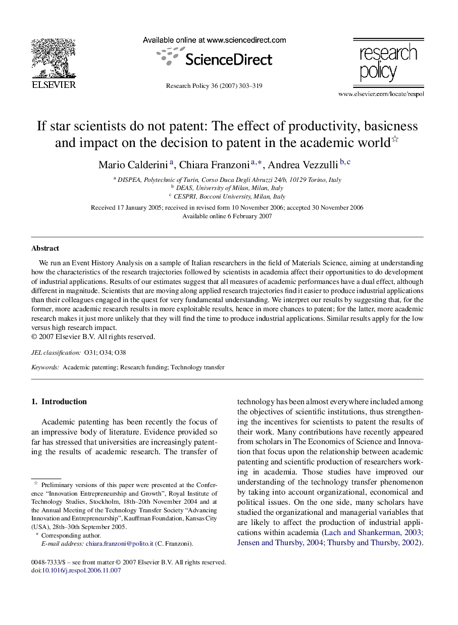 If star scientists do not patent: The effect of productivity, basicness and impact on the decision to patent in the academic world 