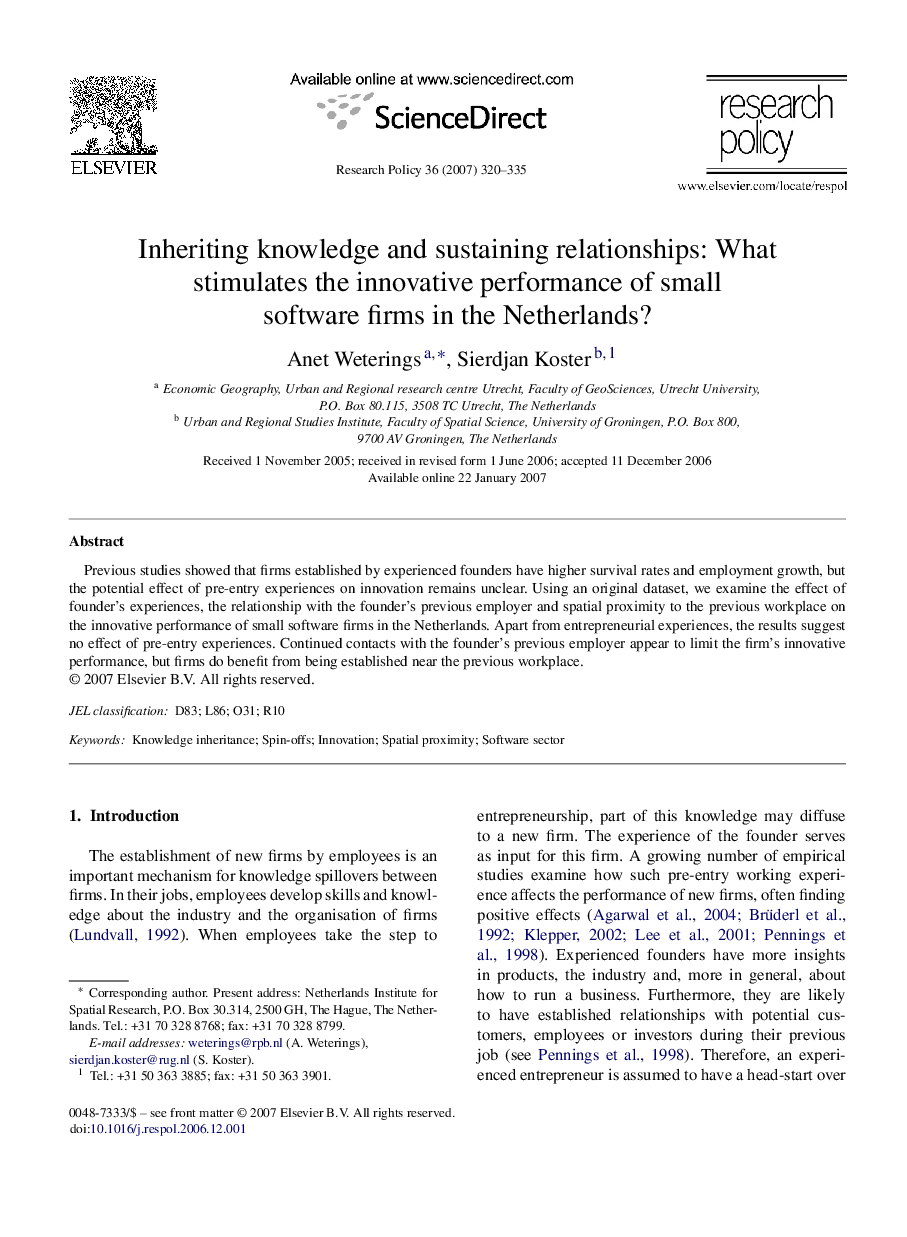 Inheriting knowledge and sustaining relationships: What stimulates the innovative performance of small software firms in the Netherlands?