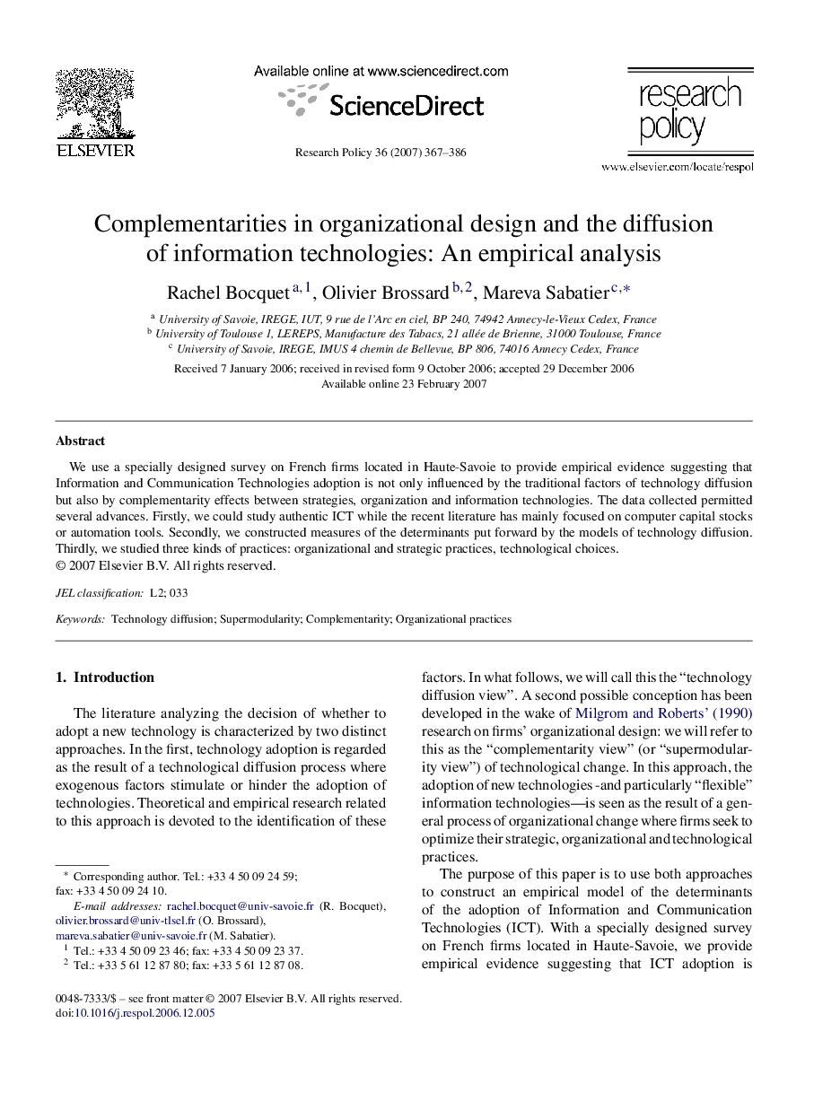 عکس صفحه اول مقاله: Complementarities in organizational design and the diffusion of information technologies: An empirical analysis Complementarities in organizational design and the diffusion of information technologies: An empirical analysis