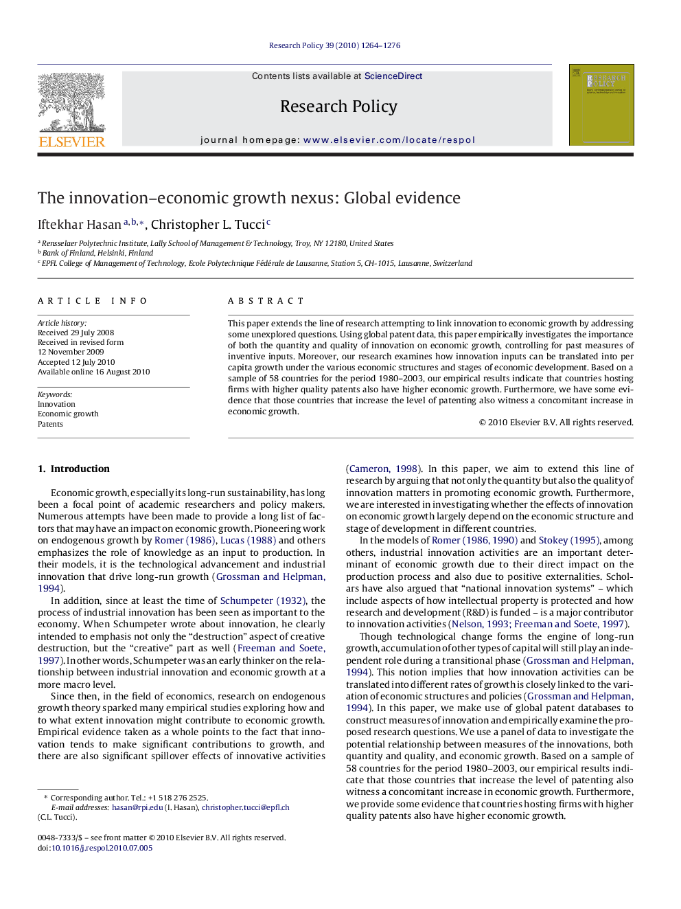 The innovation–economic growth nexus: Global evidence