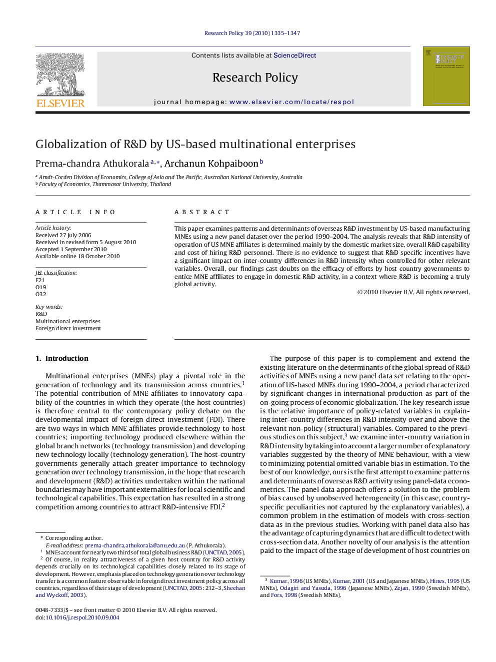 Globalization of R&D by US-based multinational enterprises