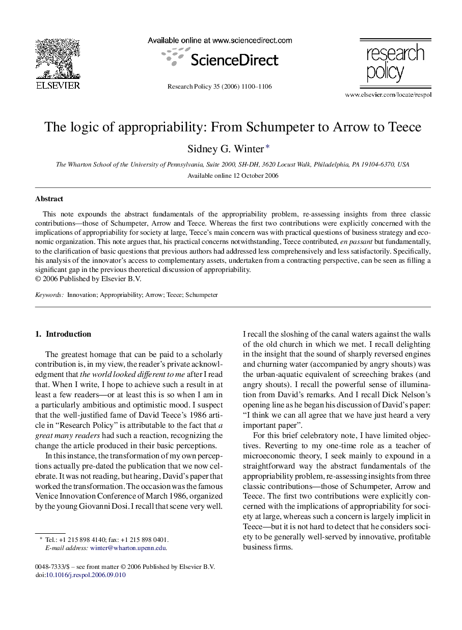 The logic of appropriability: From Schumpeter to Arrow to Teece